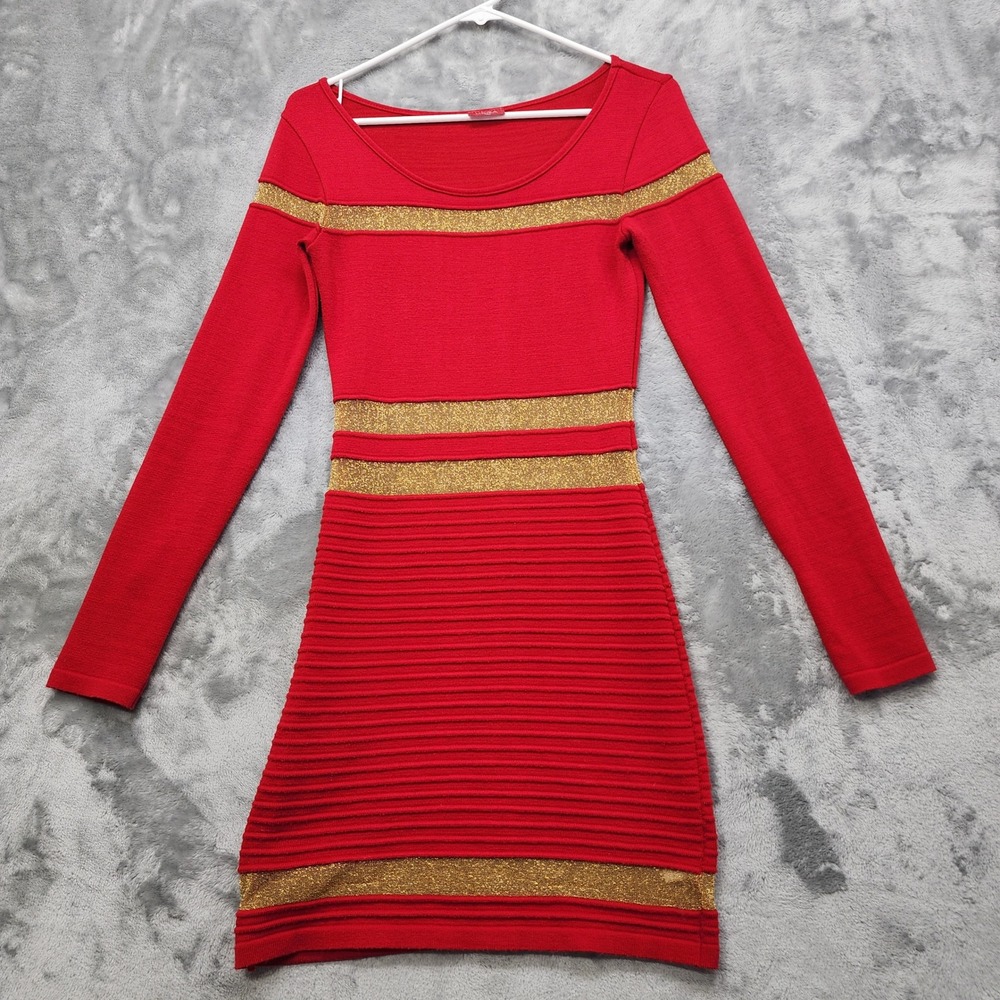 HERA USA Dress Womens M Red‎ Gold Metallic Sheer Stripe Bandage Knit Bodycon